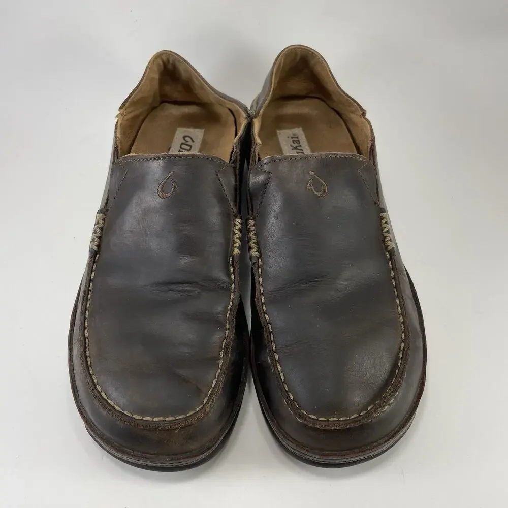 OluKai Moloa Dark Wood Leather Loafers Slip On Casual Shoes Mens Size 8 Hawaiian